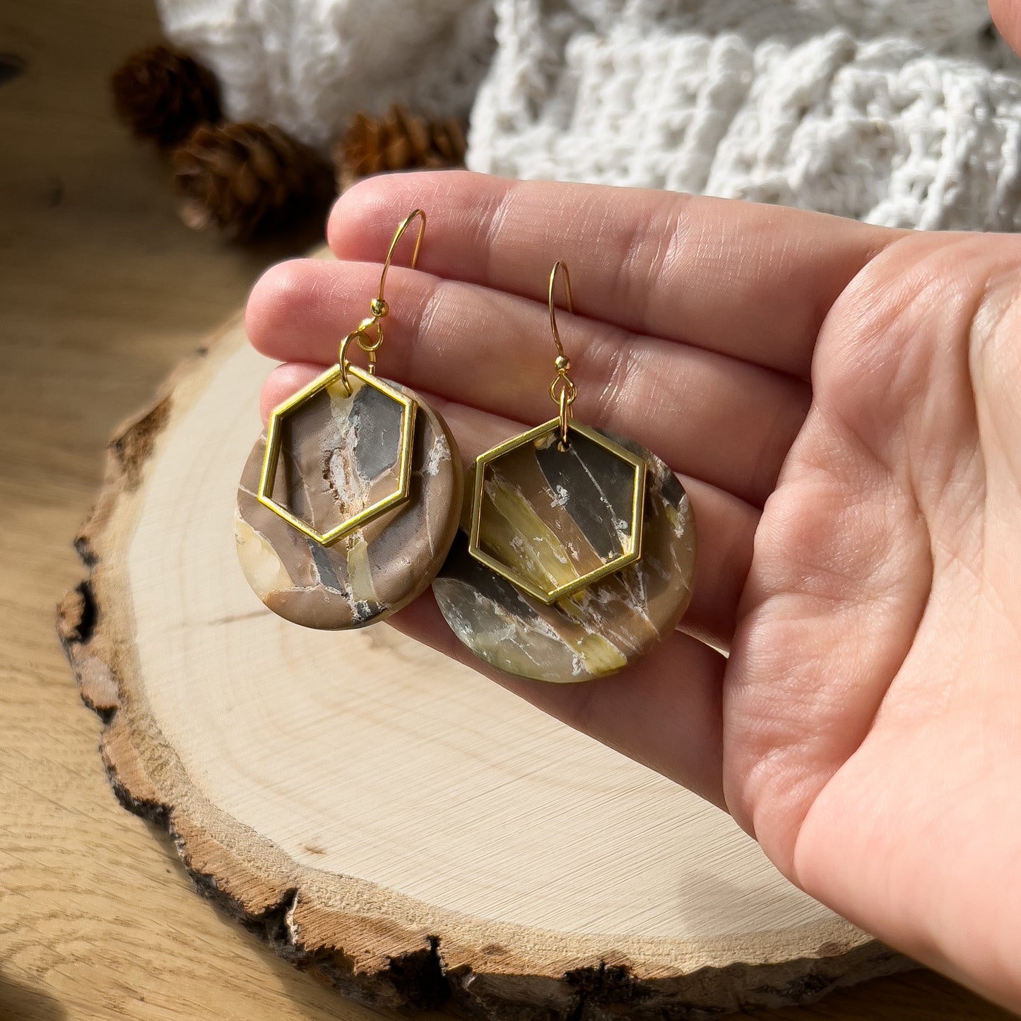 Brown Marbled Hexagon & Round Earrings