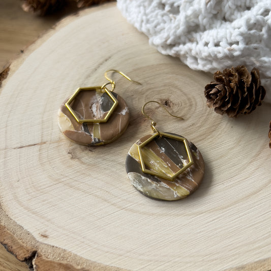 Brown Marbled Hexagon & Round Earrings