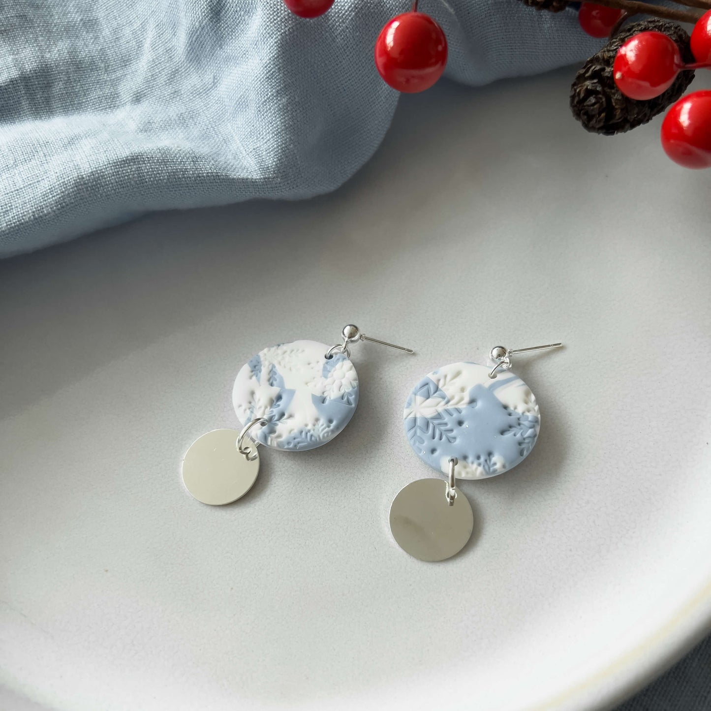 Blue-White & Silver Snowflake Earrings