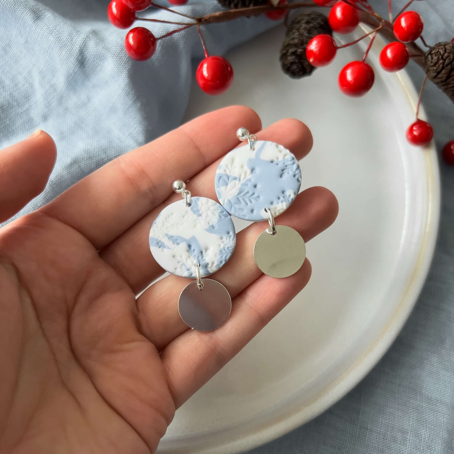 Blue-White & Silver Snowflake Earrings