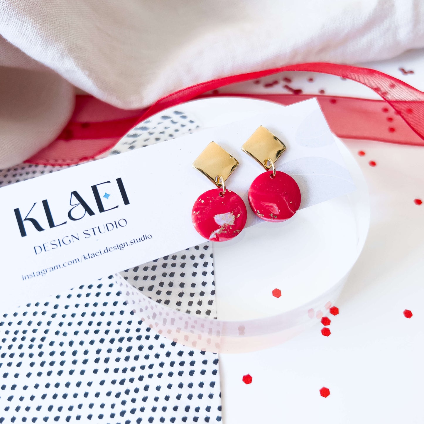 Small Round Red & Gold Earrings